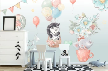  Fototapeta dla dzieci baloniki, zebra, słonik M030