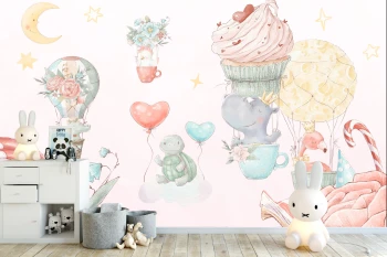  Fototapeta dla dzieci balony, kwiatki, żółw, hipopotam M027