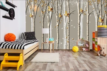  Fototapeta dla dzieci brzozy, las, złote ptaszki dwk086