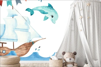  Fototapeta dla dzieci delfin, statek na morzu dwk132