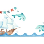  Fototapeta dla dzieci delfin, statek na morzu dwk132