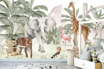  Fototapeta dla dzieci dżungla, flaming, słoń M022