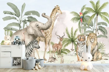  Fototapeta dla dzieci dżungla, flaming, lew M023