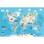 Fototapeta dla dzieci kolorowa mapa świata, kolorowe kontynenty, pingwiny, delfiny, orki dwk304
