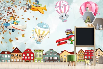  Fototapeta dla dzieci kolorowe miasto, kolorowe balony, samoloty dwk335