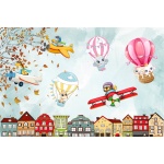 Fototapeta dla dzieci kolorowe miasto, kolorowe balony, samoloty dwk335