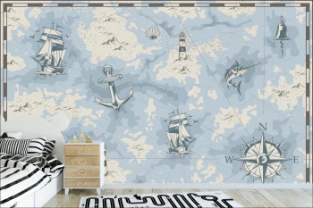  Fototapeta dla dzieci kompas, mapa, latarnia morska, statek, kotwica dwk129