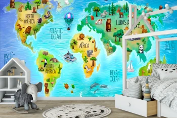  Fototapeta dla dzieci kontynenty, mapa świata dwk306