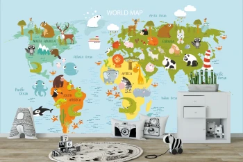  Fototapeta dla dzieci kontynenty, mapa świata, dzikie zwierzęta dwk308
