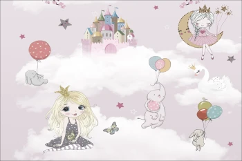  Fototapeta dla dzieci księżniczka, zamek, księżniczka na księżycu, słonik z balonami dwk193