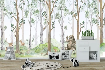  Fototapeta dla dzieci las, drzewa, leśne zwierzęta M015