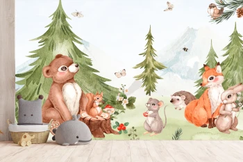  Fototapeta dla dzieci las, miś, sarenka, wiewiórka M034