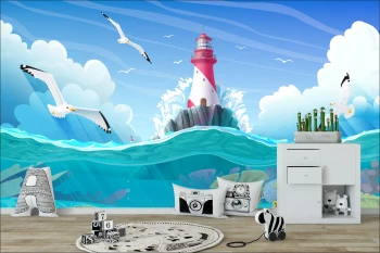  Fototapeta dla dzieci latarnia morska, mewy, rybki dwk125