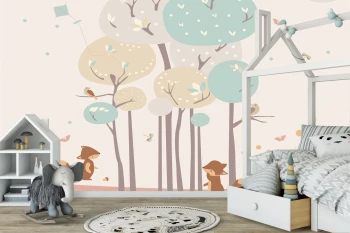  Fototapeta dla dzieci leśne zwierzęta, kolorowe drzewa, wiewiórki dwk327