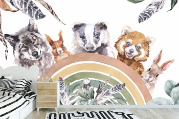  Fototapeta dla dzieci leśne zwierzątka, wiewiórka, zajączek, lisek, tęcza M070