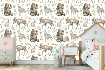  Fototapeta dla dzieci leśne zwierzęta, wilki, łoś, niedźwiedź MP017