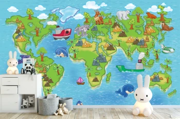  Fototapeta dla dzieci mapa świata, kolorowe kontynenty, statki, wieloryby dwk305