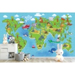 Fototapeta dla dzieci mapa świata, kolorowe kontynenty, statki, wieloryby dwk305