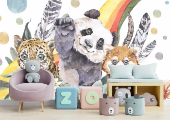  Fototapeta dla dzieci miś panda, lisek, kolorowa tęcza, pióra M069