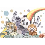 Fototapeta dla dzieci miś panda, lisek, kolorowa tęcza, pióra M069