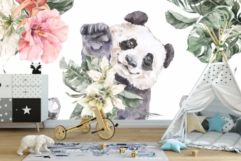  Fototapeta dla dzieci miś panda wśród kwiatów i liści M072