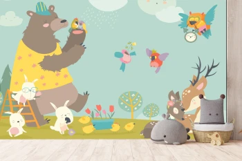  Fototapeta dla dzieci miś, ptaszki, sówka dwk073