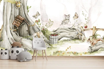  Fototapeta dla dzieci na wymiar zajączki i wiewiórka w magicznym lesie M063