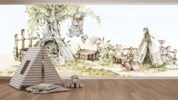   Fototapeta dla dzieci na wymiar mały niedźwiadek w legowisku wokół bawiące się zajączki M064