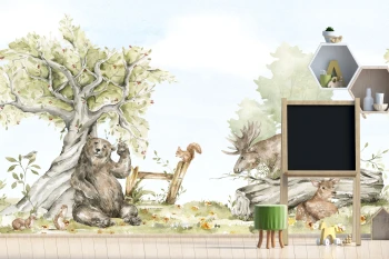  Fototapeta dla dzieci na wymiar spotkanie na polanie miś łoś sarna i zwierzęta M068