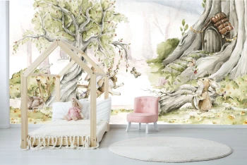  Fototapeta dla dzieci na wymiar bawiące się zajączki w leśnej krainie M067