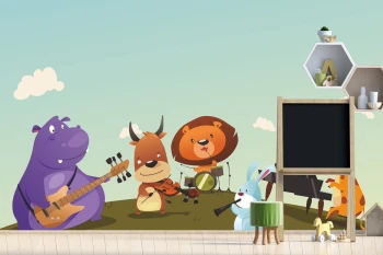  Fototapeta dla dzieci na wymiar hipopotam z gitarą, lew z perkusją dwk063