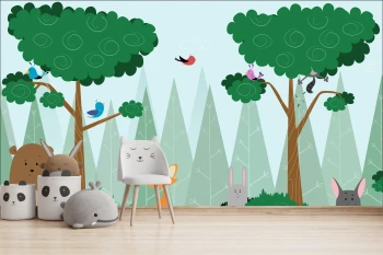  Fototapeta dla dzieci na wymiar las, ptaszki, góry, zajączki dwk064