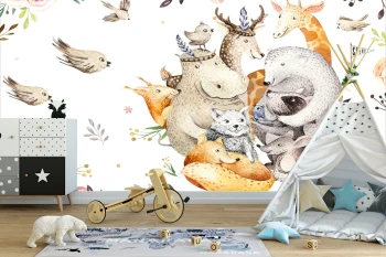  Fototapeta dla dzieci na wymiar ptaszki, żyrafa, hipopotam, lisek dwk065