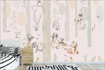  Fototapeta dla dzieci na wymiar drzewa, sarenki, zajączki, sowy, las dwk098