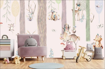  Fototapeta dla dzieci na wymiar sarenki, zajączki, sowy, las, drzewa dwk100