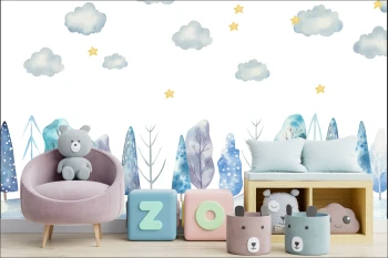  Fototapeta dla dzieci na wymiar chmurki, gwiazdki, drzewa dwk102