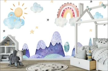  Fototapeta dla dzieci na wymiar tęcza, chmurki, góry dwk103