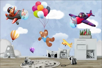  Fototapeta dla dzieci na wymiar miś z balonami, baloniki, samoloty dwk106