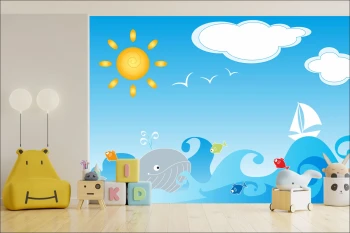  Fototapeta dla dzieci na wymiar wieloryb, rybki, morze, słoneczko dwk107