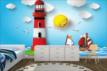  Fototapeta dla dzieci na wymiar latarnia morska, morze, statki, słoneczko dwk109