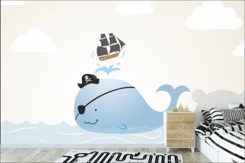  Fototapeta dla dzieci na wymiar wieloryb, statek piracki, ocean dwk110