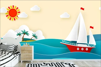  Fototapeta dla dzieci na wymiar morze, statek, słoneczko dwk112