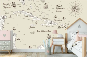  Fototapeta dla dzieci na wymiar mapa, kompas, statki dwk113