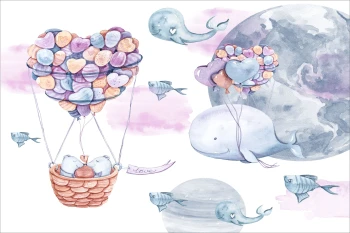  Fototapeta dla dzieci na wymiar wieloryby, serduszka, dwk177