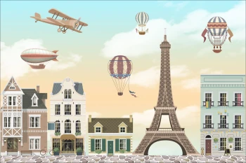  Fototapeta dla dzieci na wymiar miasto, balony, wieża Eiffla, sterowiec, samolot dwk191