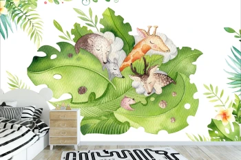  Fototapeta dla dzieci na wymiar śpiące zwierzątka w zielonych liściach dwk228