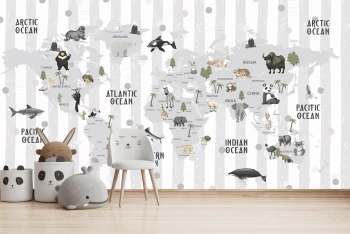  Fototapeta dla dzieci na wymiar mapa świata, kontynenty, zwierzęta dwk287