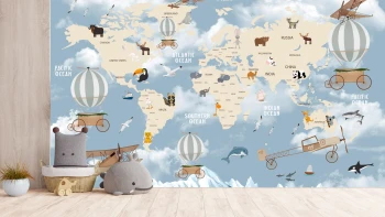  Fototapeta dla dzieci na wymiar mapa świata, balony, góry, samoloty dwk291