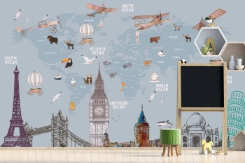  Fototapeta dla dzieci na wymiar mapa świata, Big Ben, Wieża Babel , Wieża Eiffla, samoloty dwk294