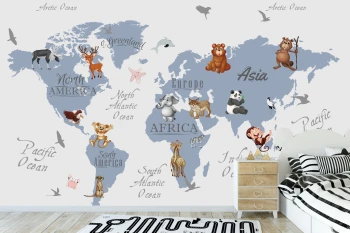  Fototapeta dla dzieci na wymiar mapa świata, małpki, panda, słonik dwk295
